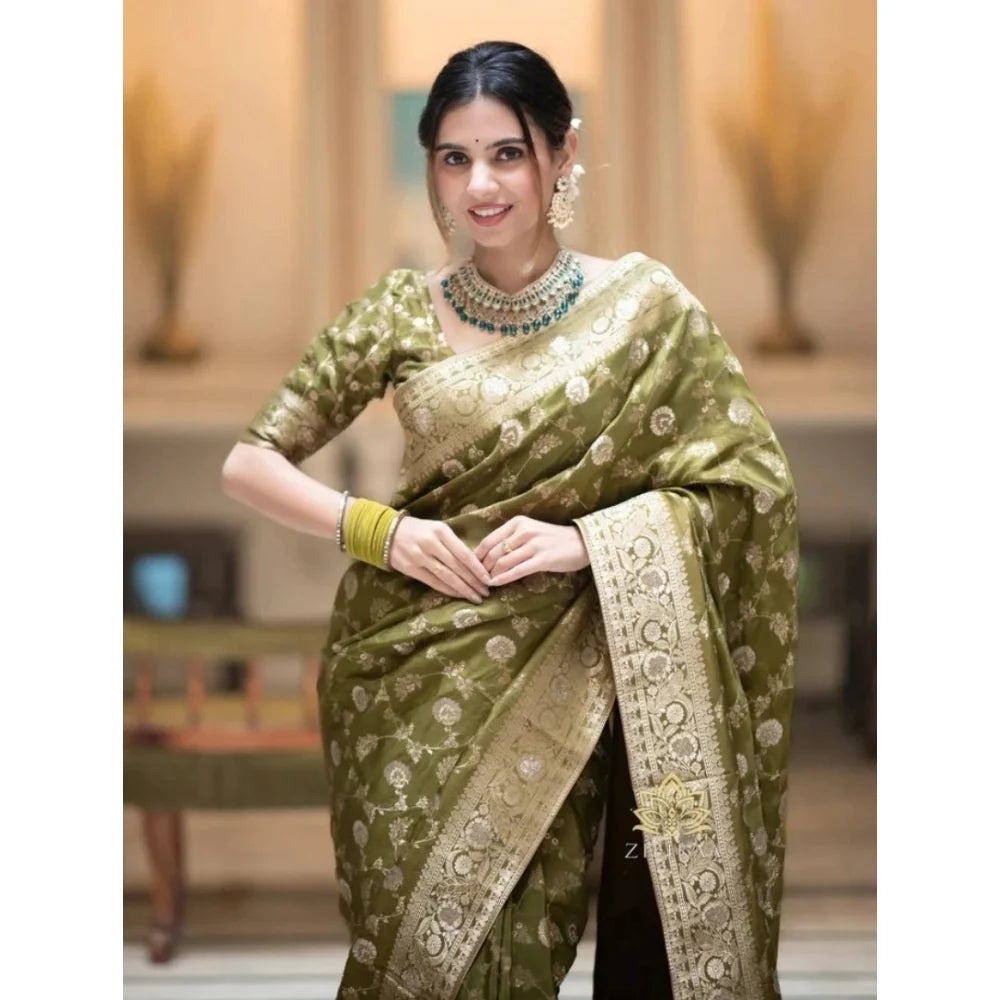 Women's Silk Woven Kanjivaram Saree With Unstitched Blouse (5.5Mtr, Mehendi Green)