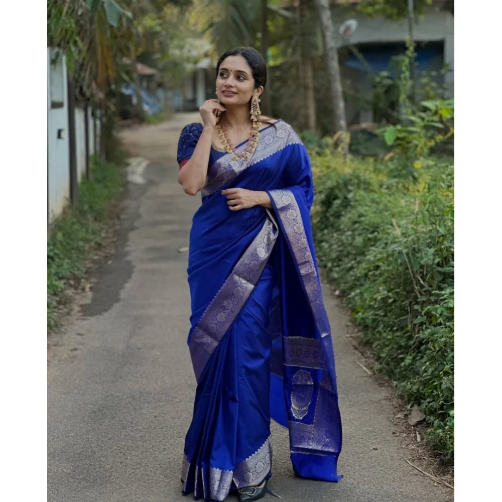 Women's Silk Woven Kanjivaram Saree With Unstitched Blouse (5.5Mtr, Blue)