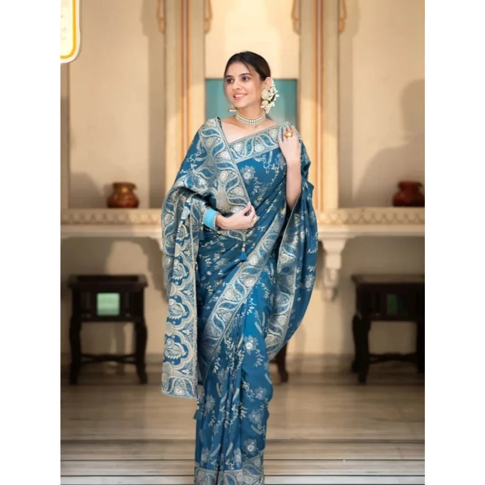 Women's Art Silk Embellished Kanjivaram Saree With Unstitched Blouse (5.5Mtr, Rama)