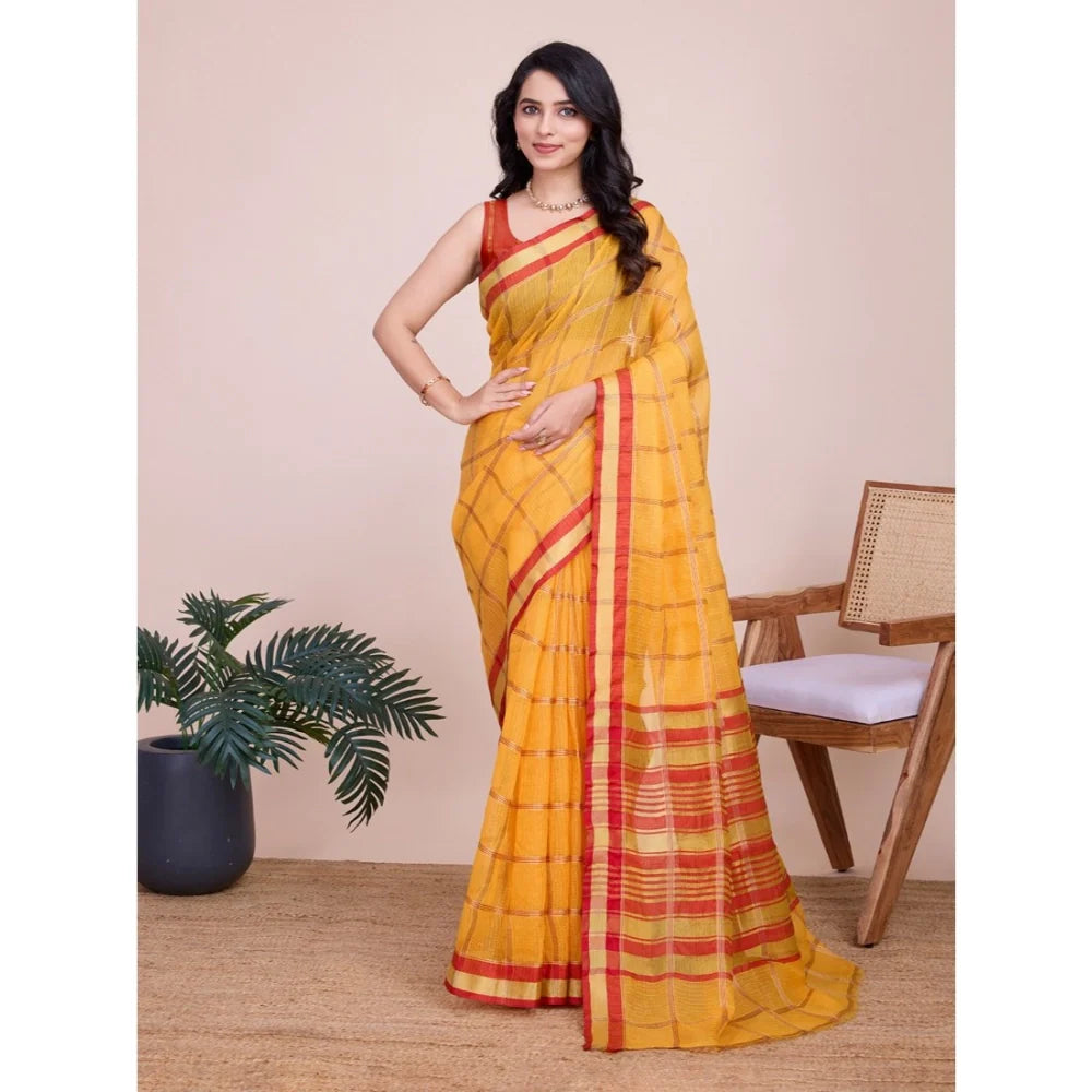 Women's Cotton Silk Checkered Kota Doria Saree With Unstitched Blouse (5.5Mtr, Yellow)