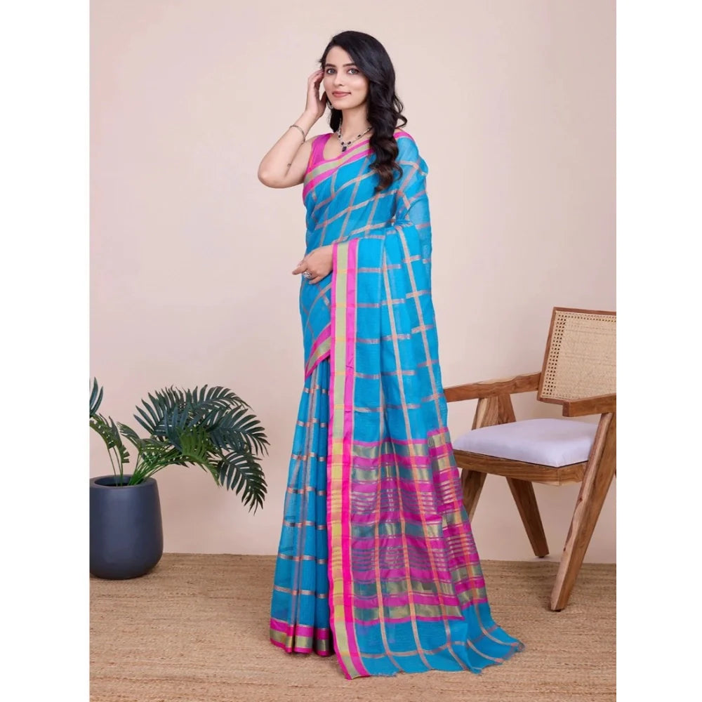 Women's Cotton Silk Checkered Kota Doria Saree With Unstitched Blouse (5.5Mtr, Sky Blue)