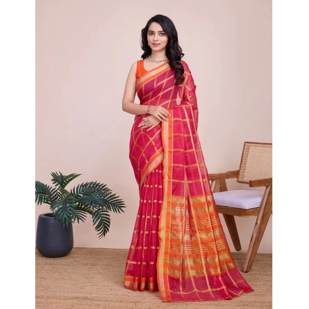 Women's Cotton Silk Checkered Kota Doria Saree With Unstitched Blouse (5.5Mtr, Red)