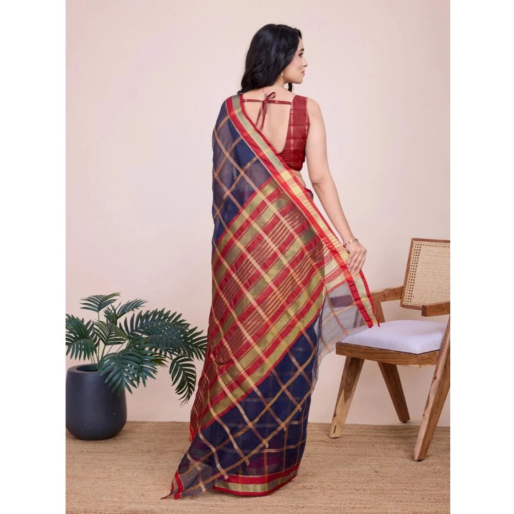 Women's Cotton Silk Checkered Kota Doria Saree With Unstitched Blouse (5.5Mtr, Navy Blue)