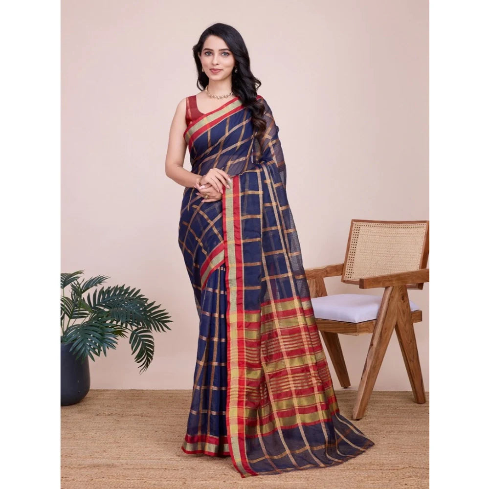 Women's Cotton Silk Checkered Kota Doria Saree With Unstitched Blouse (5.5Mtr, Navy Blue)