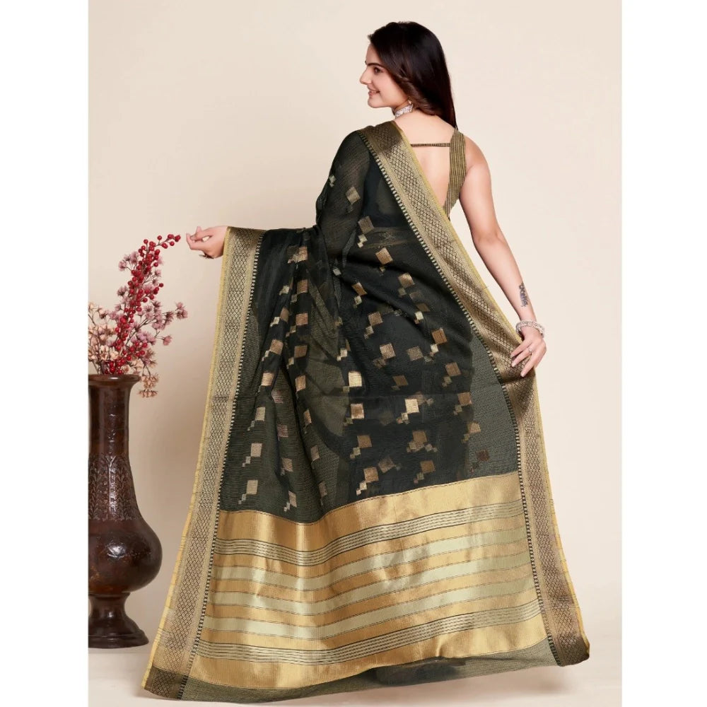 Women's Silk Blend Printed Banarasi Saree With Unstitched Blouse (5.5Mtr, Black)