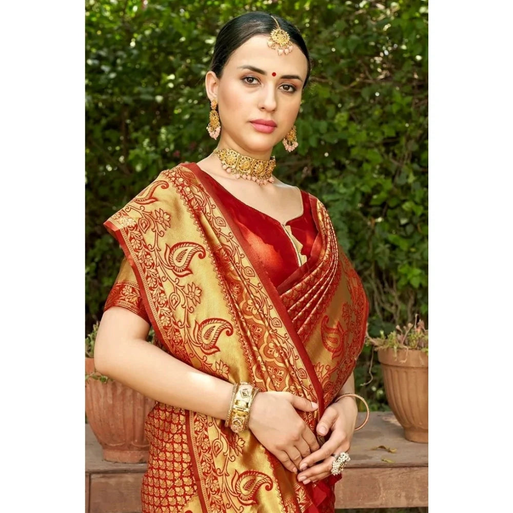 Women's Silk Woven Kanjivaram Saree With Unstitched Blouse (5.5Mtr, Red)