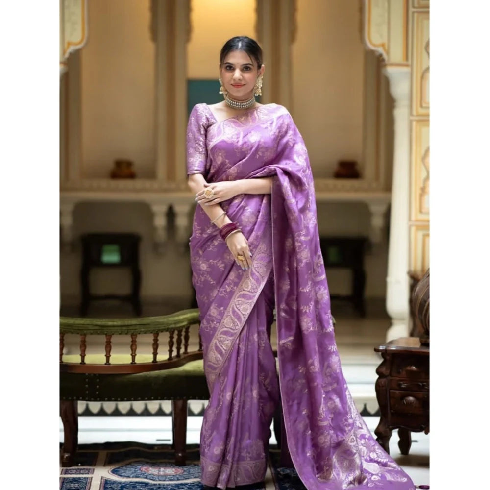 Women's Art Silk Embellished Kanjivaram Saree With Unstitched Blouse (5.5Mtr, Lavender)