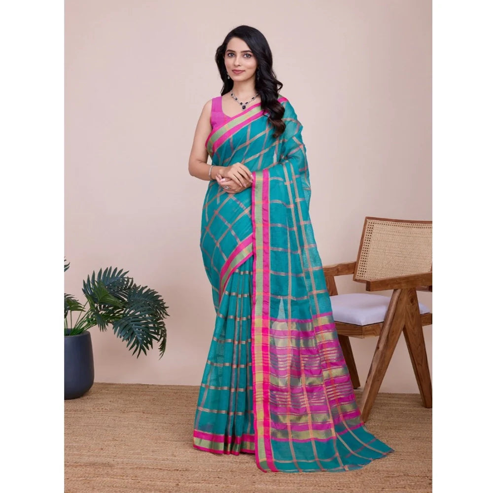 Women's Cotton Silk Checkered Kota Doria Saree With Unstitched Blouse (5.5Mtr, Rama)