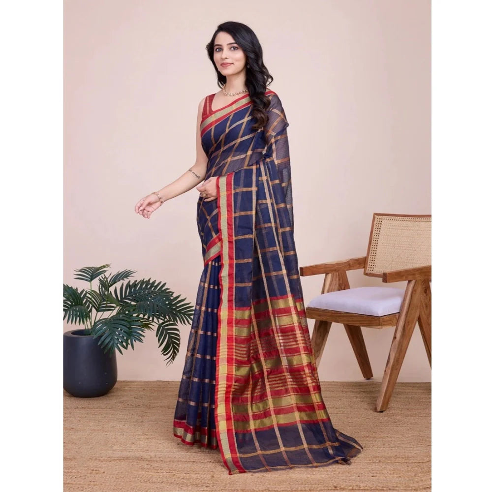 Women's Cotton Silk Checkered Kota Doria Saree With Unstitched Blouse (5.5Mtr, Navy Blue)