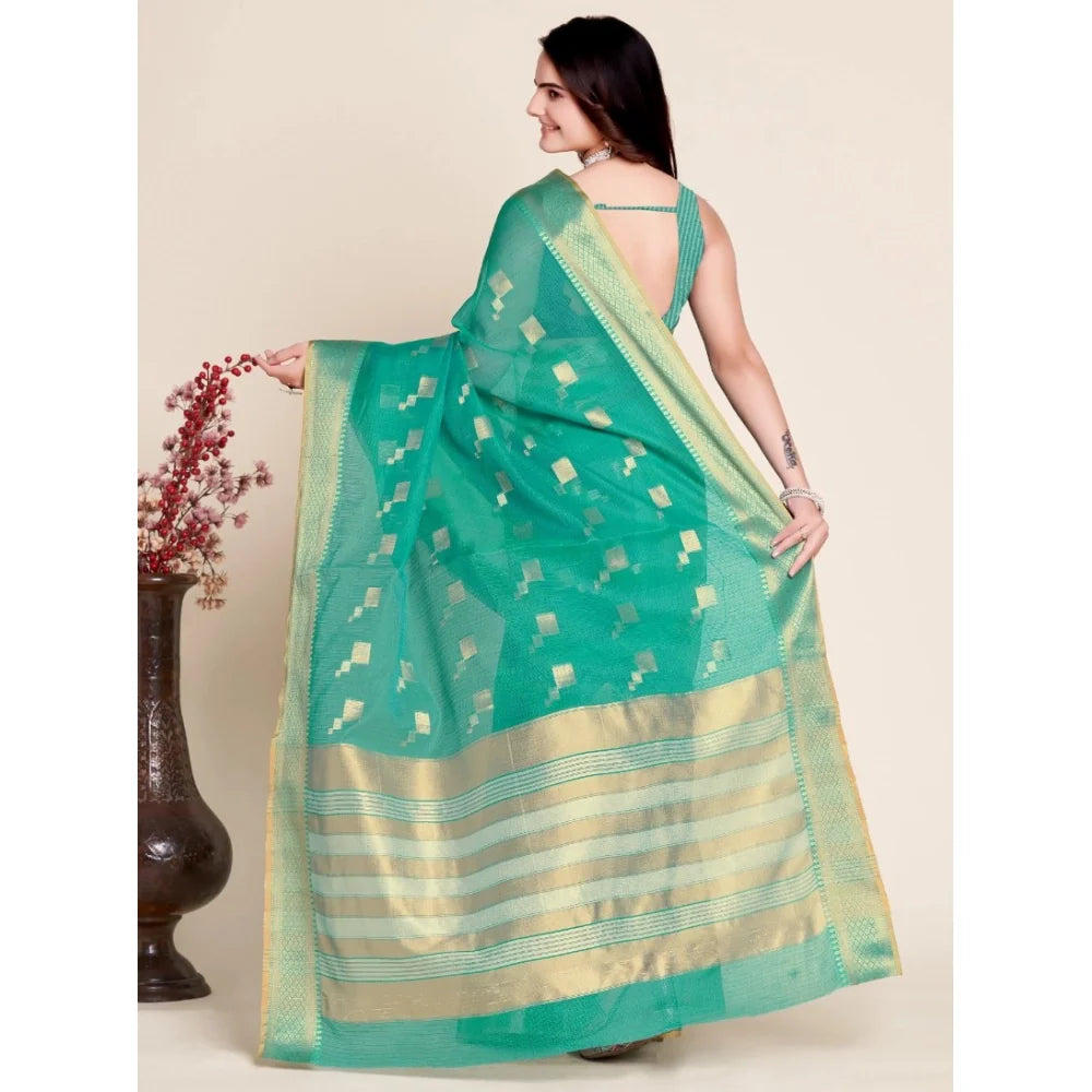 Women's Silk Blend Printed Banarasi Saree With Unstitched Blouse (5.5Mtr, Rama Green)