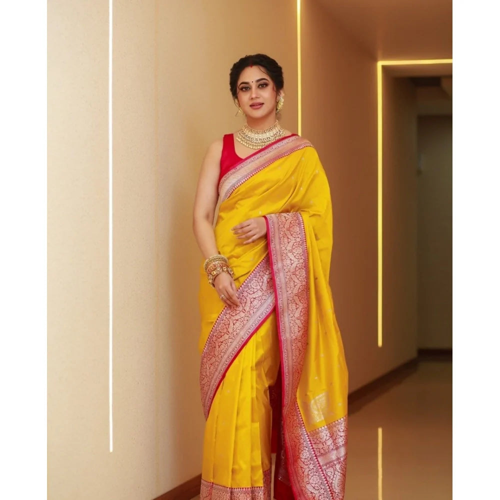 Women's Silk Blend Self Design Banarasi Saree With Unstitched Blouse (5.5Mtr, Yellow Red)
