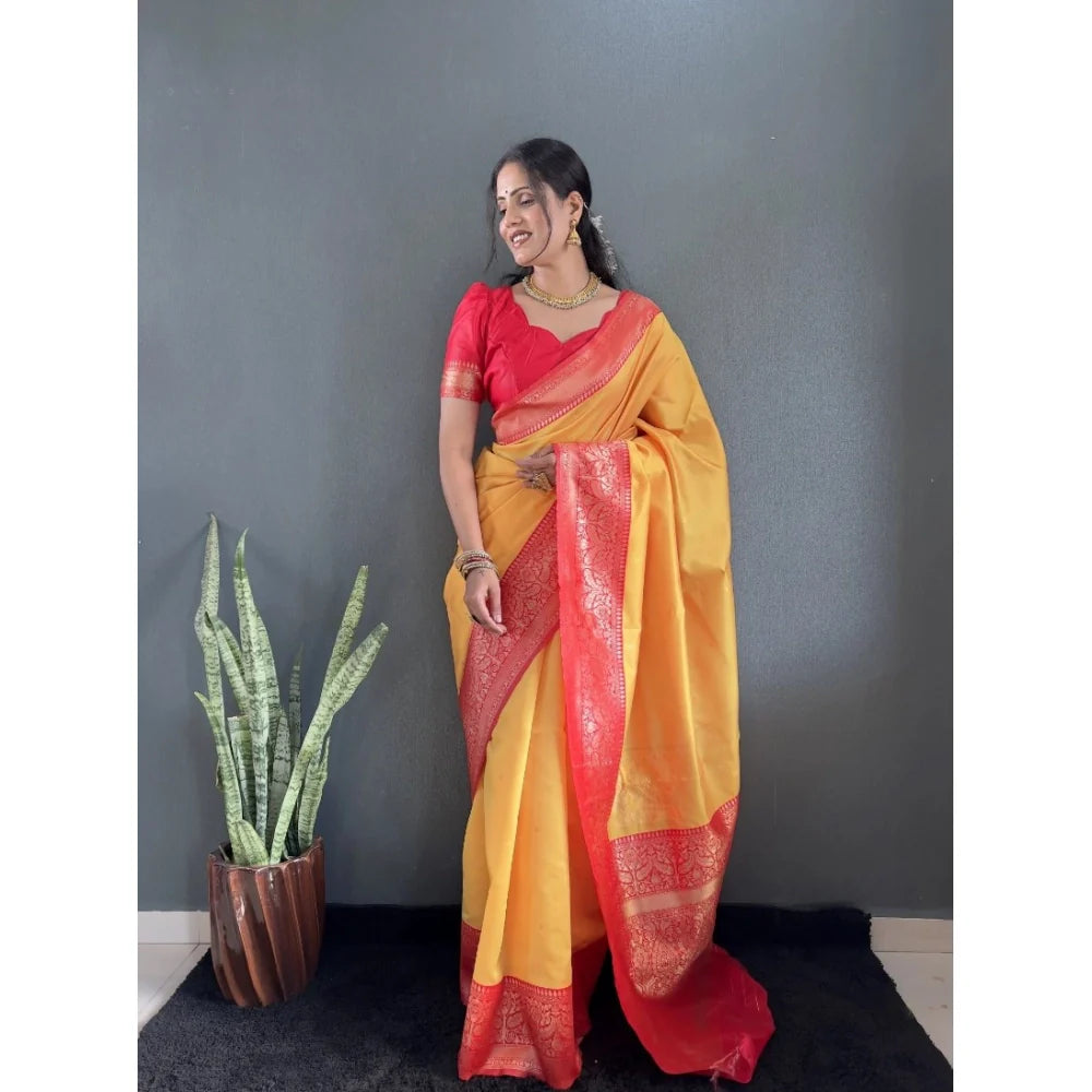 Women's Silk Blend Woven Kanjivaram Saree With Unstitched Blouse (5.5Mtr, Yellow Red)