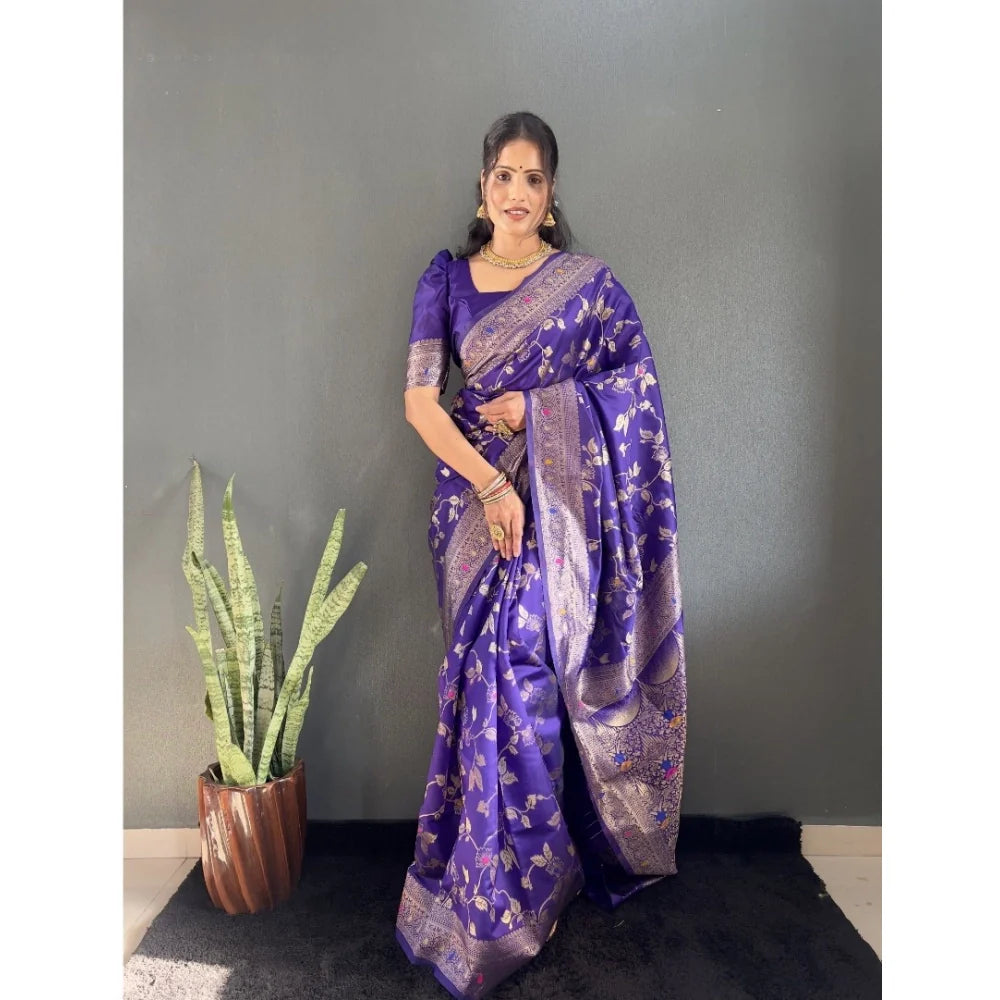 Women's Silk Blend Woven Kanjivaram Saree With Unstitched Blouse (5.5Mtr, Purple)