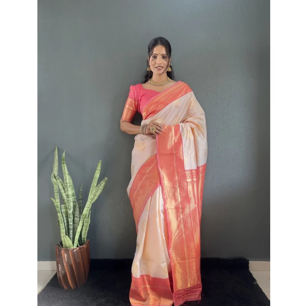 Women's Silk Blend Woven Kanjivaram Saree With Unstitched Blouse (5.5Mtr, Peach)