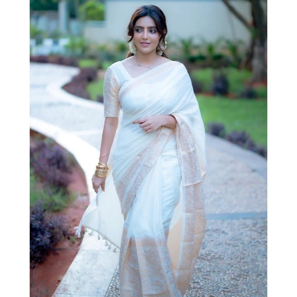 Women's Silk Blend Self Design Bollywood Saree With Unstitched Blouse (5.5Mtr, White)