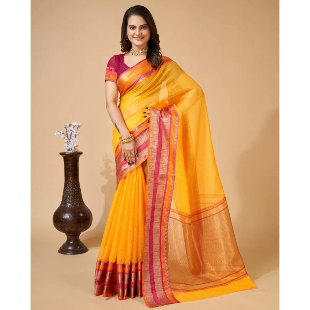 Women's Cotton Blend Woven  Saree With Unstitched Blouse (5.5Mtr, Yellow)