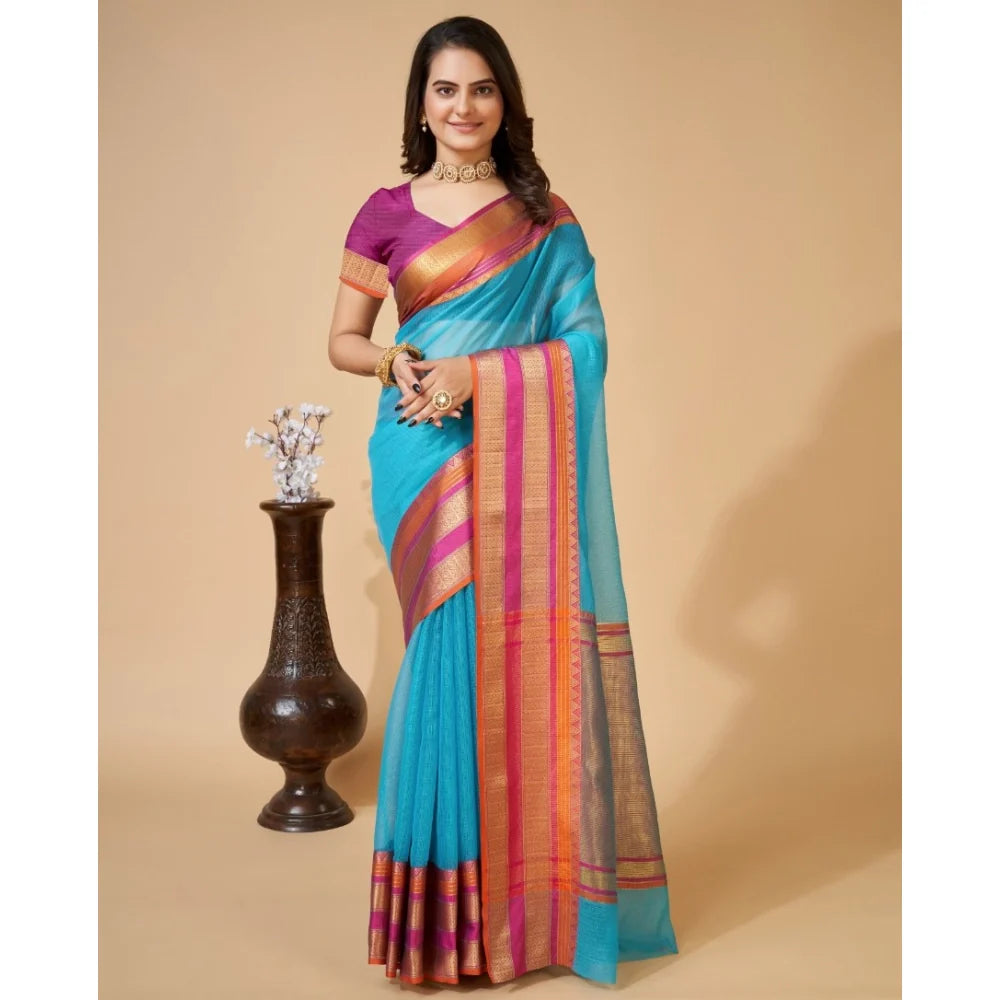 Women's Cotton Blend Woven  Saree With Unstitched Blouse (5.5Mtr, Blue)