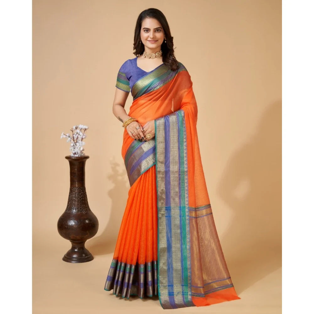 Women's Cotton Blend Woven  Saree With Unstitched Blouse (5.5Mtr, Orange)
