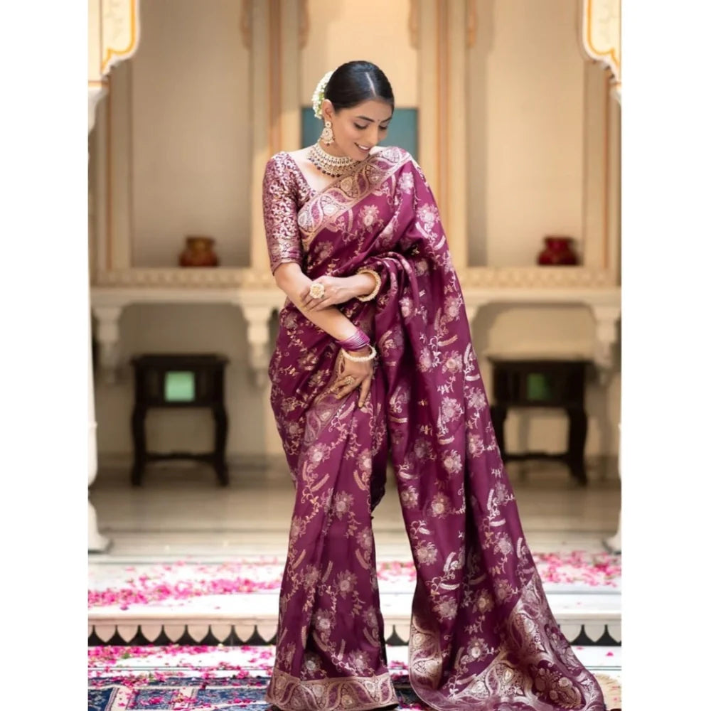 Women's Art Silk Embellished Kanjivaram Saree With Unstitched Blouse (5.5Mtr, Purple)