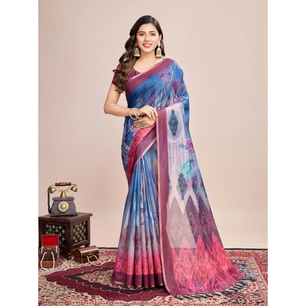 Women's Georgette Embroidered  Saree With Unstitched Blouse (5.5Mtr, Blue)