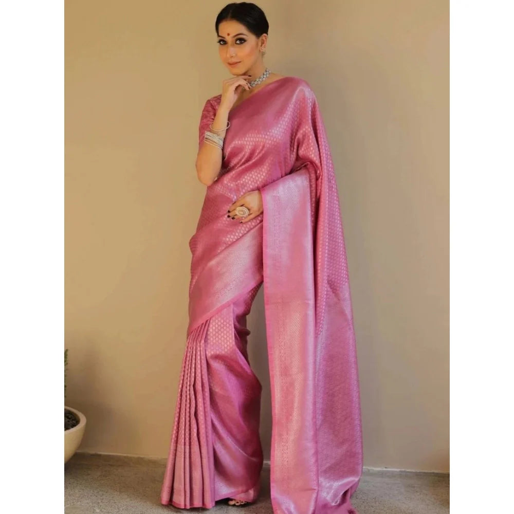 Women's Silk Blend Woven Kanjivaram Saree With Unstitched Blouse (5.5Mtr, Pink)