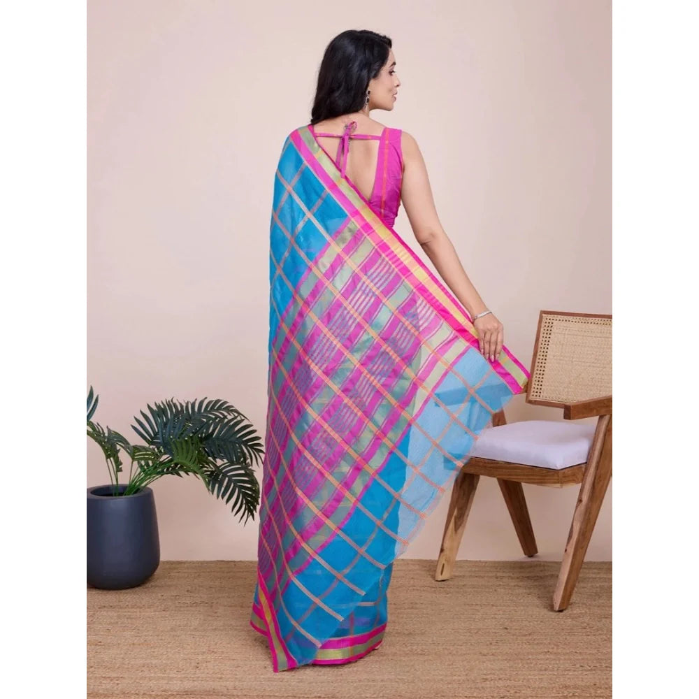 Women's Cotton Silk Checkered Kota Doria Saree With Unstitched Blouse (5.5Mtr, Sky Blue)