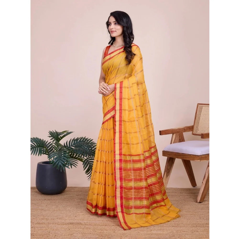 Women's Cotton Silk Checkered Kota Doria Saree With Unstitched Blouse (5.5Mtr, Yellow)