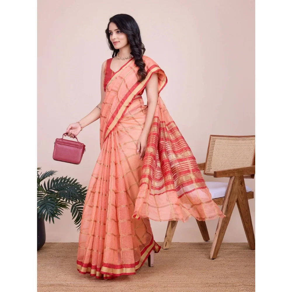 Women's Cotton Silk Checkered Kota Doria Saree With Unstitched Blouse (5.5Mtr, Peach)