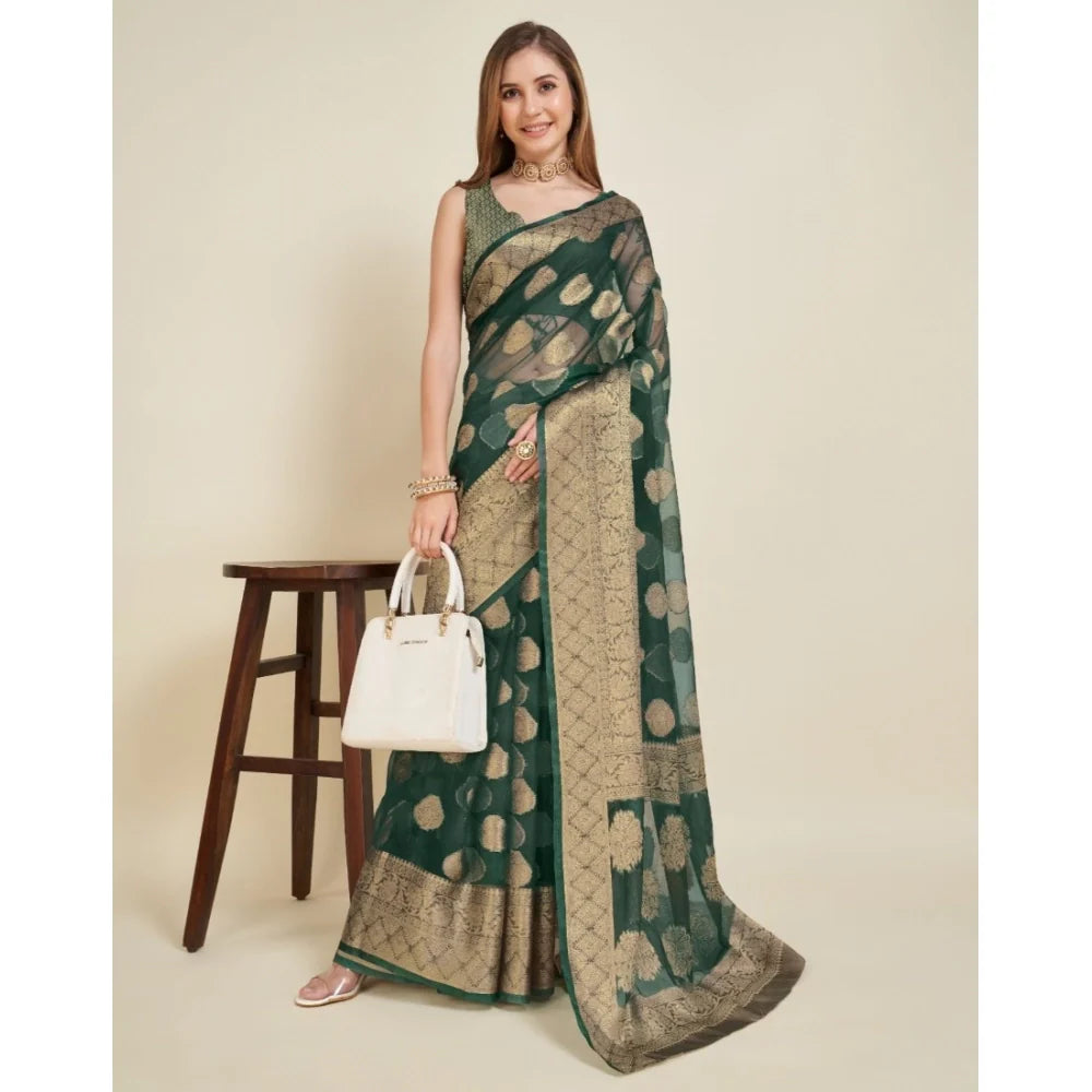 Women's Soft Organza Silk Weaving Design Saree With Unstitched Blouse 5.5Mtr (Green)