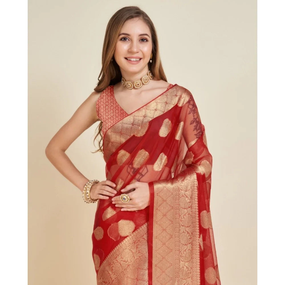 Women's Soft Organza Silk Weaving Design Saree With Unstitched Blouse 5.5Mtr (Red)