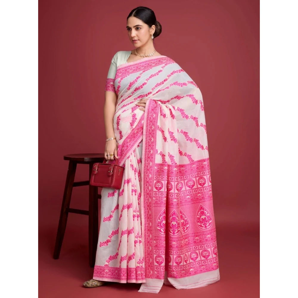 Women's Jamdani Cotton Silk Printed Saree With Unstitched Blouse 5.5Mtr (Pink)