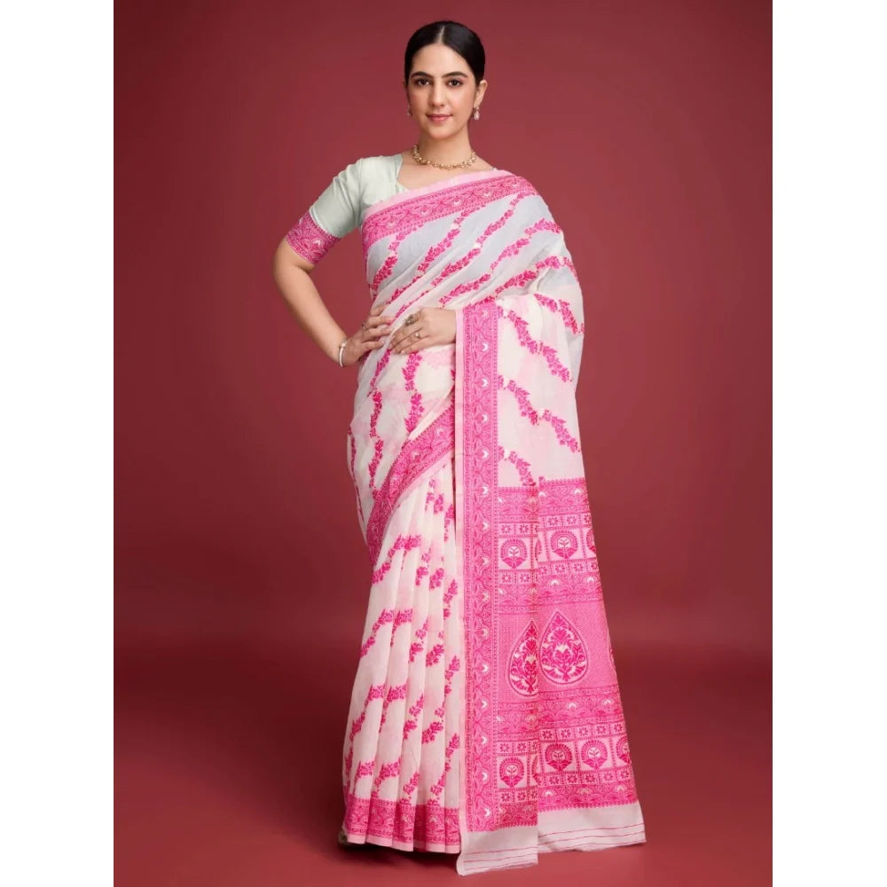 Women's Jamdani Cotton Silk Printed Saree With Unstitched Blouse 5.5Mtr (Pink)