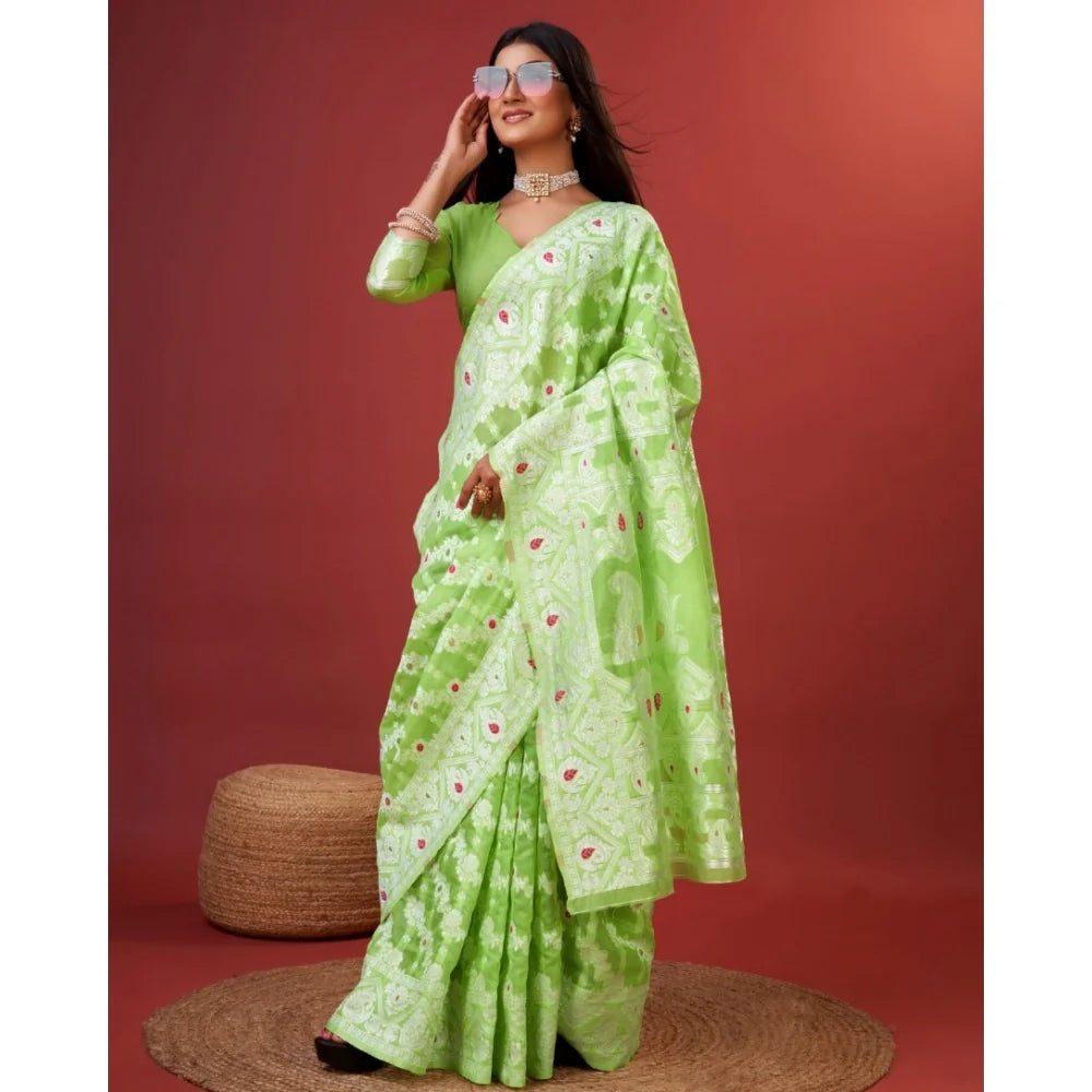 Women's Cotton Silk Printed Saree With Unstitched Blouse 5.5Mtr (Light Green)