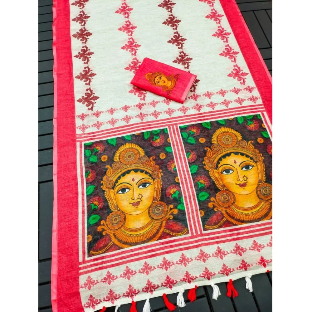 Women's linen Digital Print Saree With Unstitched Blouse 5.5Mtr (White)