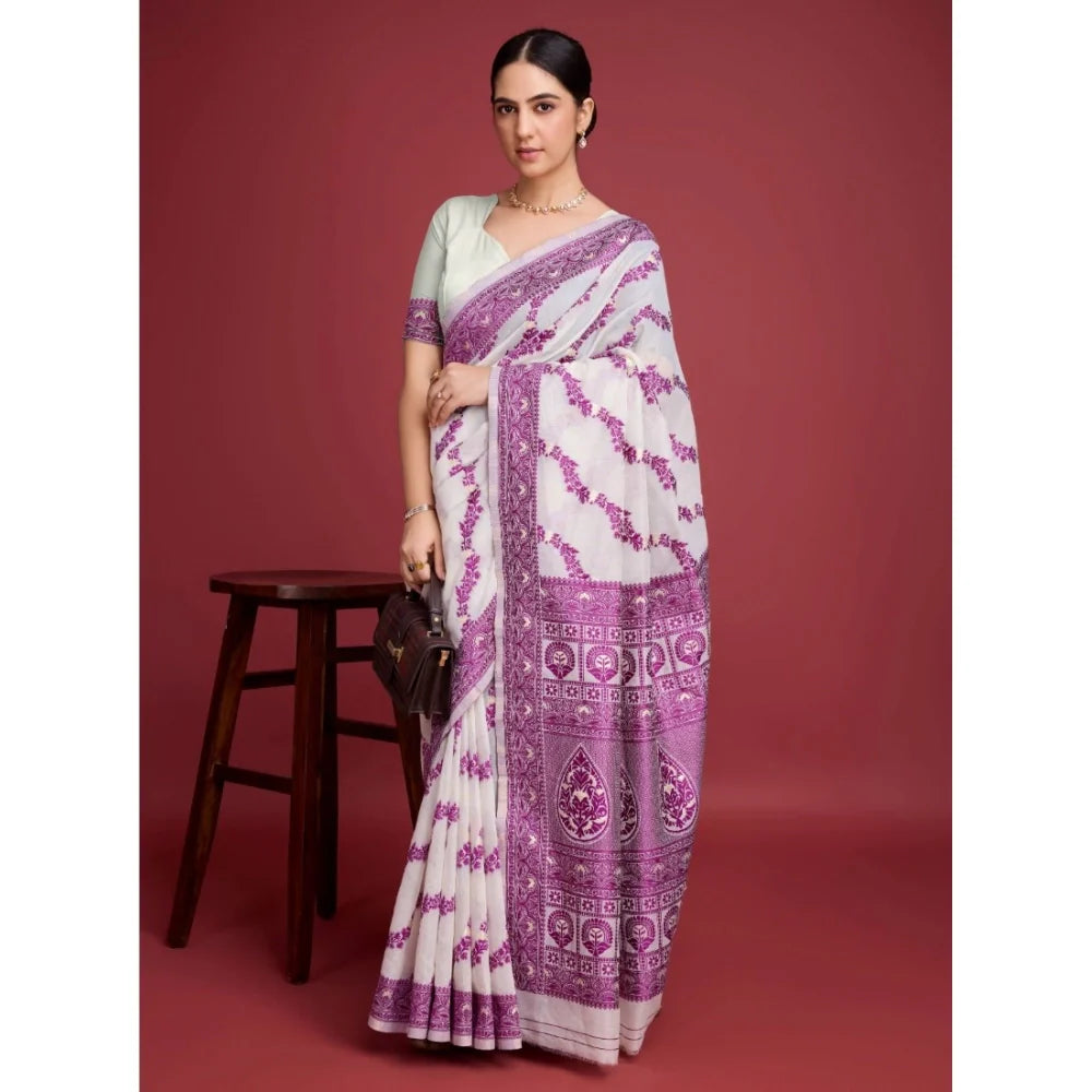 Women's Jamdani Cotton Silk Printed Saree With Unstitched Blouse 5.5Mtr (Wine)