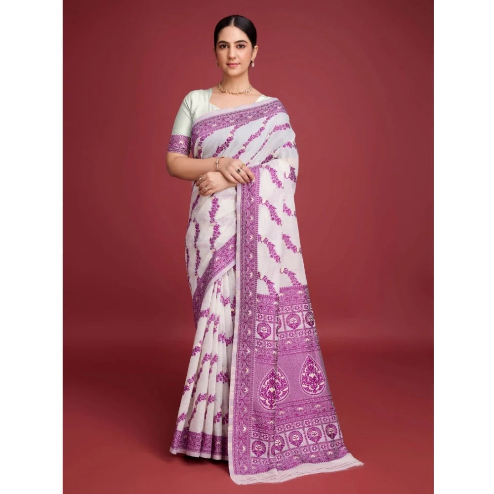 Women's Jamdani Cotton Silk Printed Saree With Unstitched Blouse 5.5Mtr (Wine)