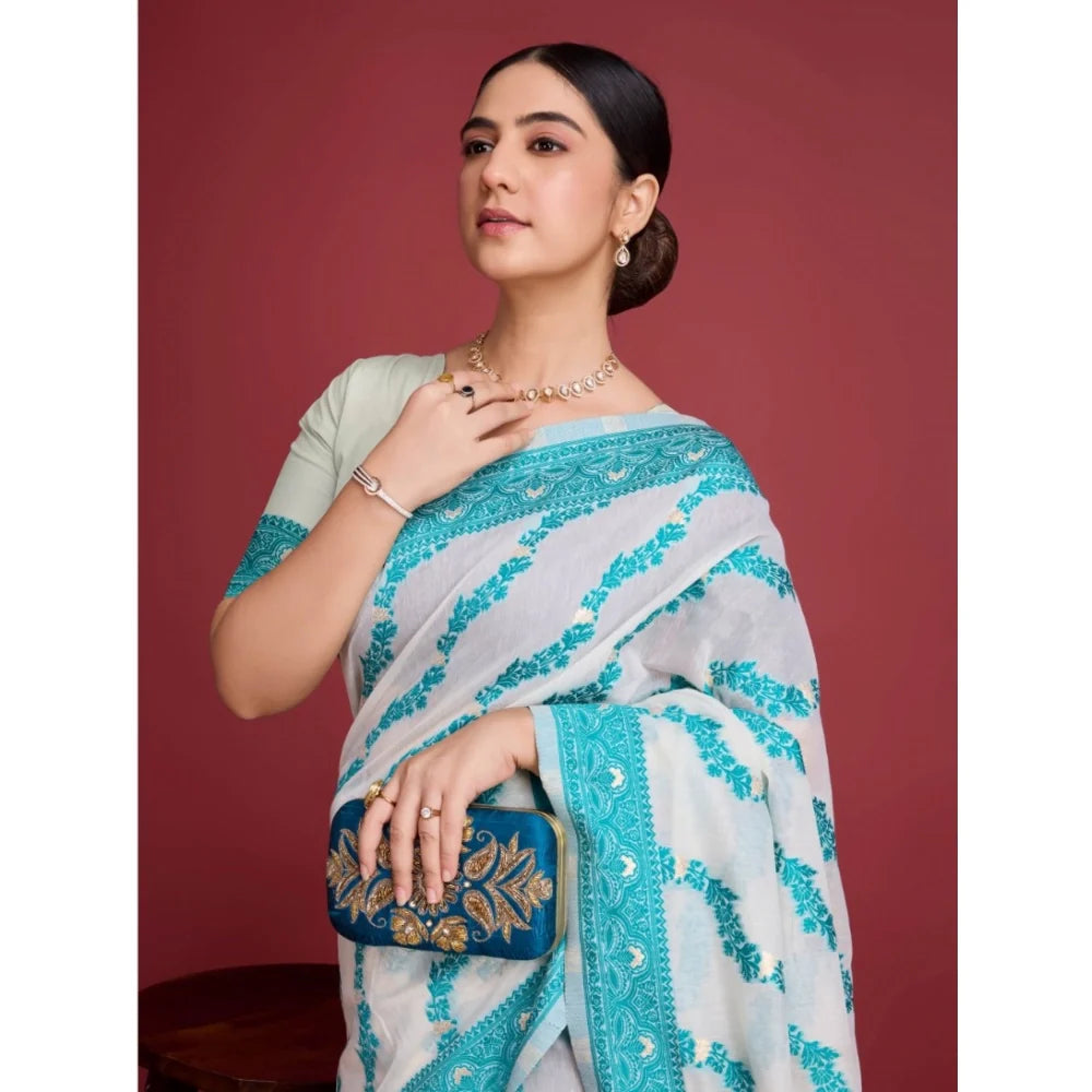 Women's Jamdani Cotton Silk Printed Saree With Unstitched Blouse 5.5Mtr (Rama)