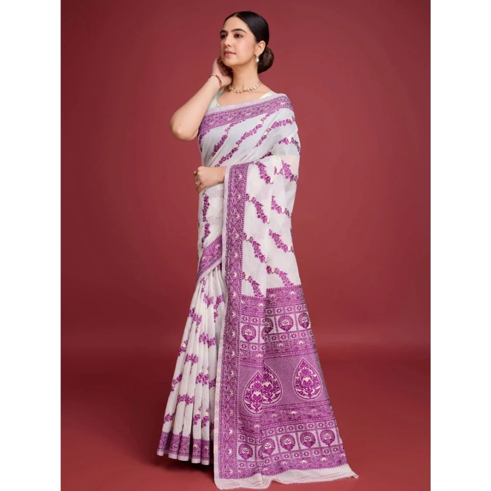 Women's Jamdani Cotton Silk Printed Saree With Unstitched Blouse 5.5Mtr (Wine)