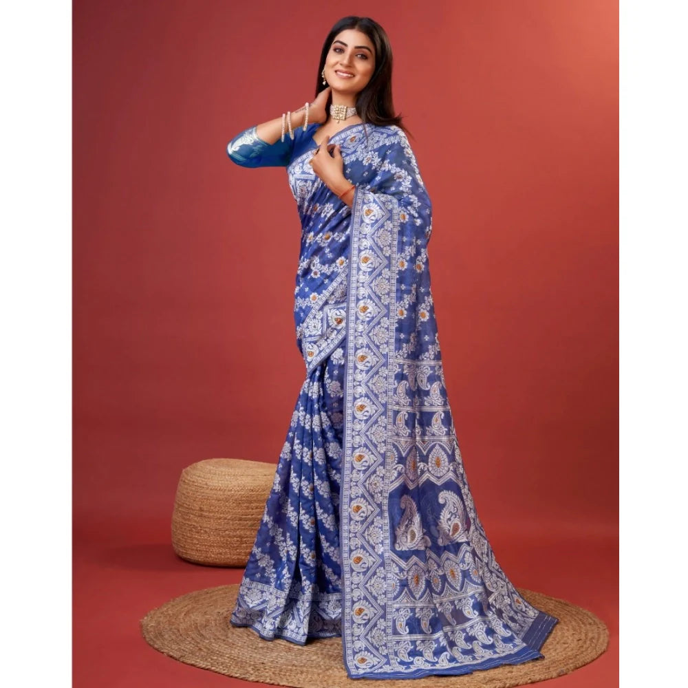 Women's Cotton Silk Printed Saree With Unstitched Blouse 5.5Mtr (Blue)