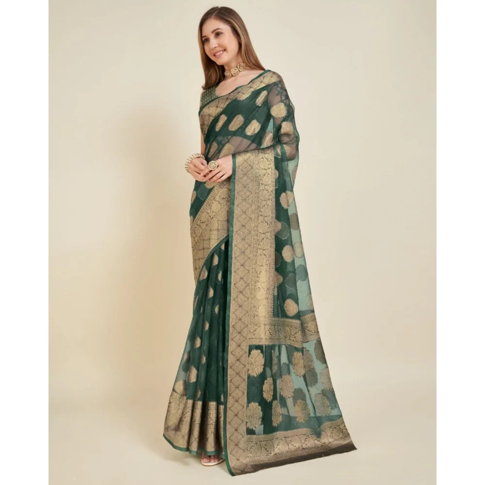 Women's Soft Organza Silk Weaving Design Saree With Unstitched Blouse 5.5Mtr (Green)