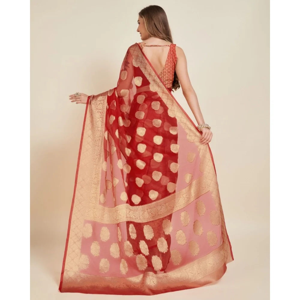 Women's Soft Organza Silk Weaving Design Saree With Unstitched Blouse 5.5Mtr (Red)