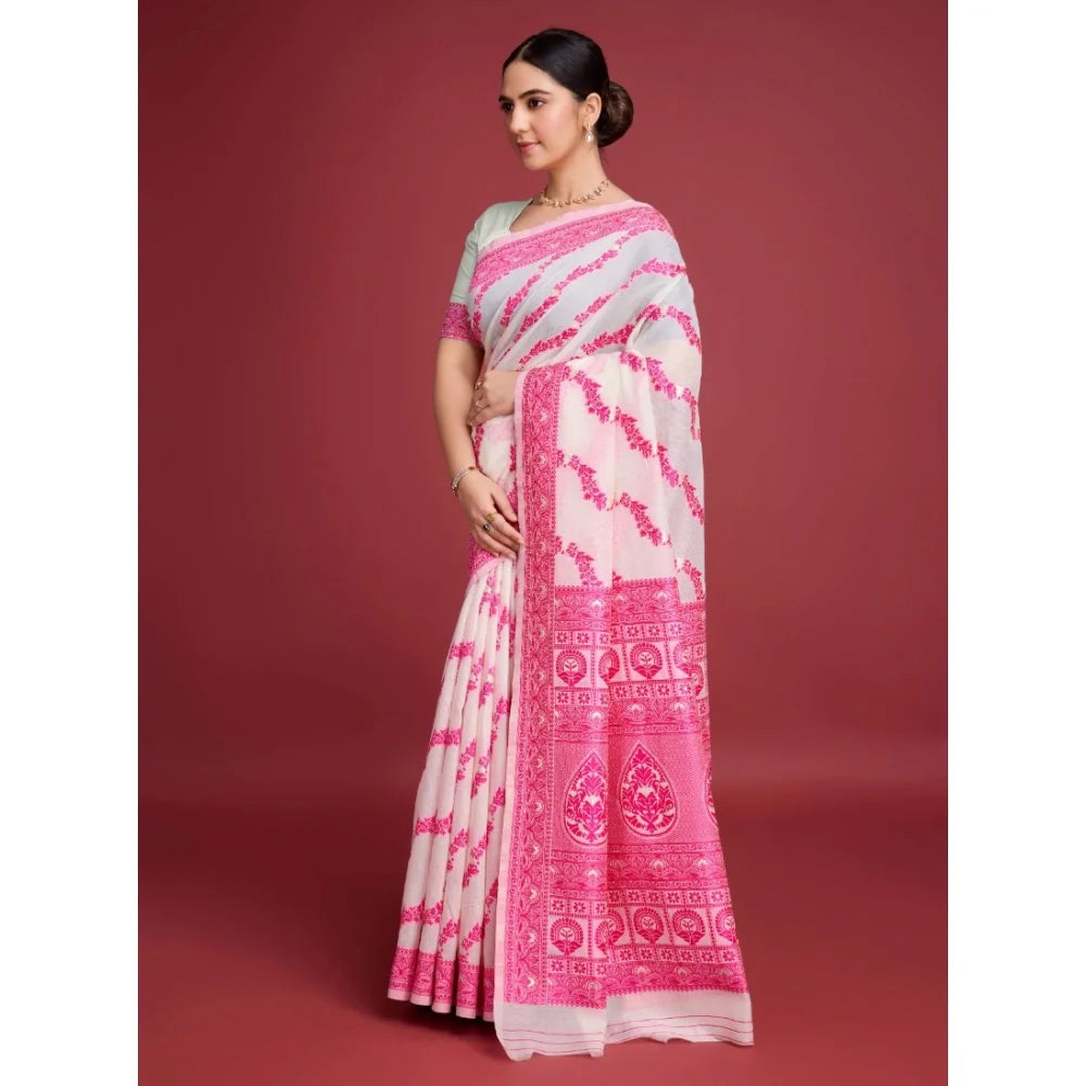 Women's Jamdani Cotton Silk Printed Saree With Unstitched Blouse 5.5Mtr (Pink)