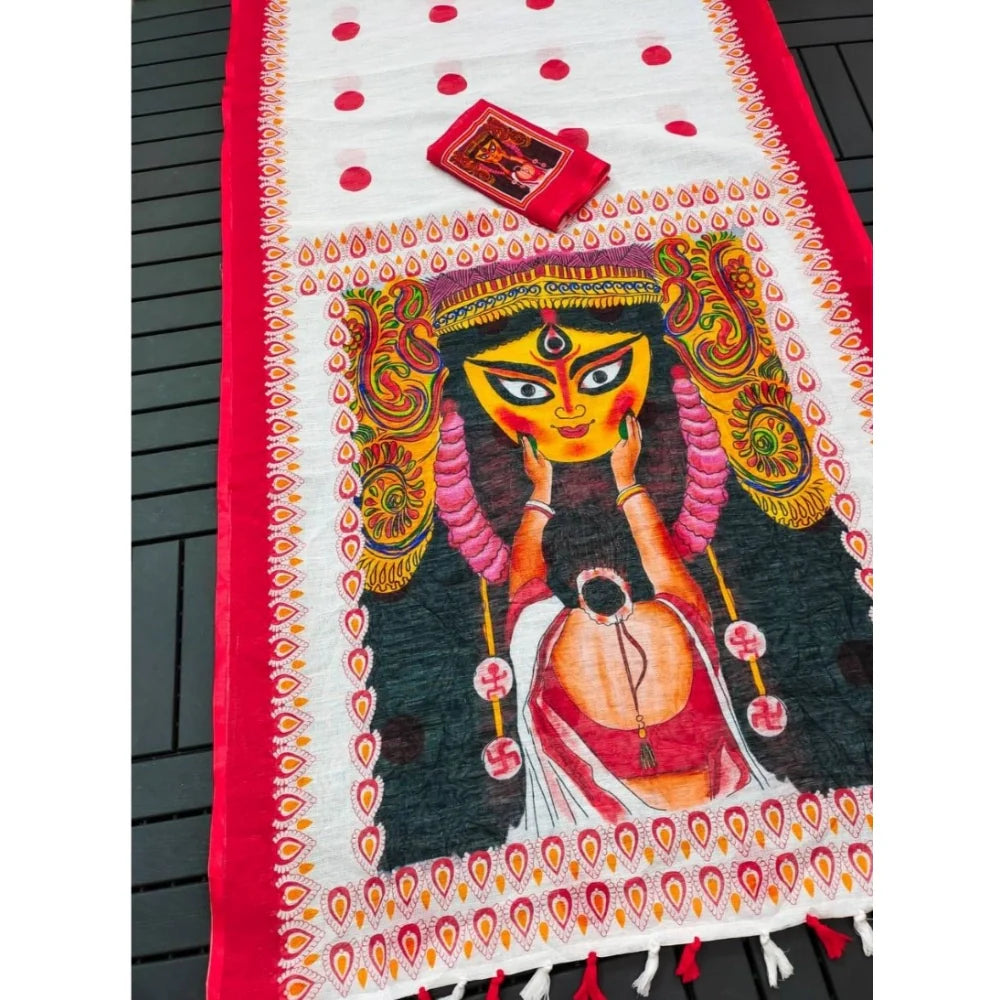 Women's linen Digital Print Saree With Unstitched Blouse 5.5Mtr (White)