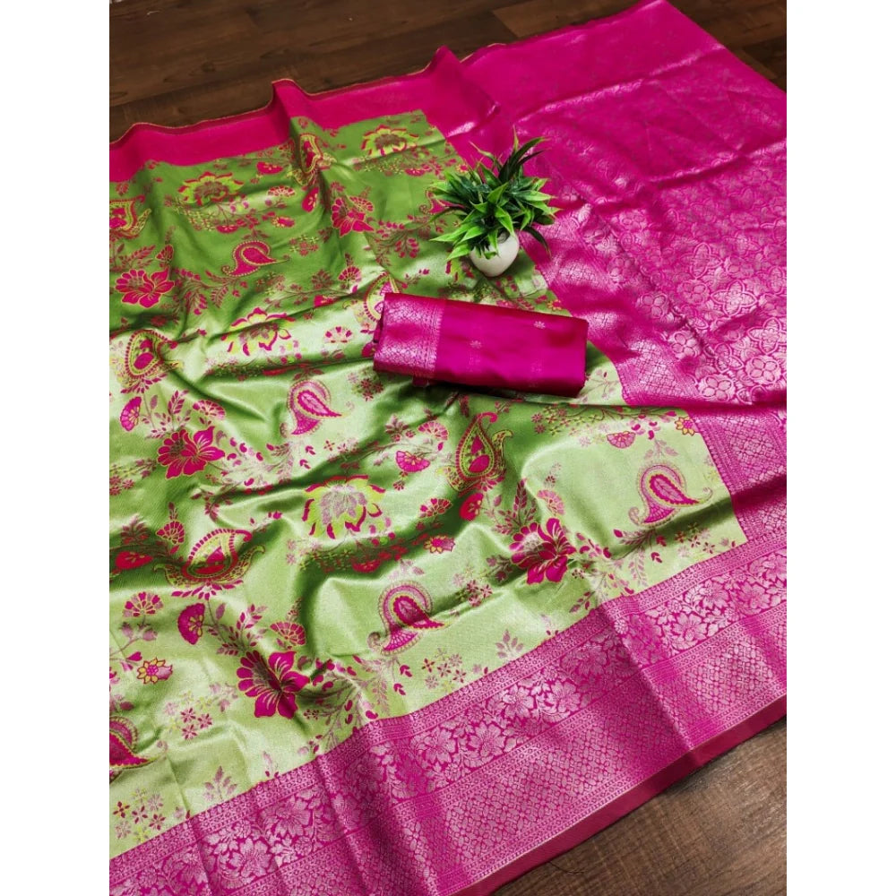 Women's Banarasi Jacquard Printed Saree With Unstitched Blouse 5.5Mtr (Mehendi Green)
