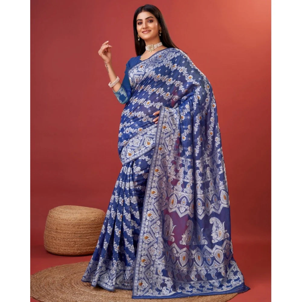 Women's Cotton Silk Printed Saree With Unstitched Blouse 5.5Mtr (Blue)