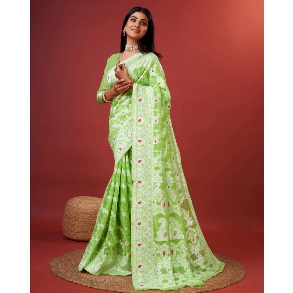 Women's Cotton Silk Printed Saree With Unstitched Blouse 5.5Mtr (Light Green)