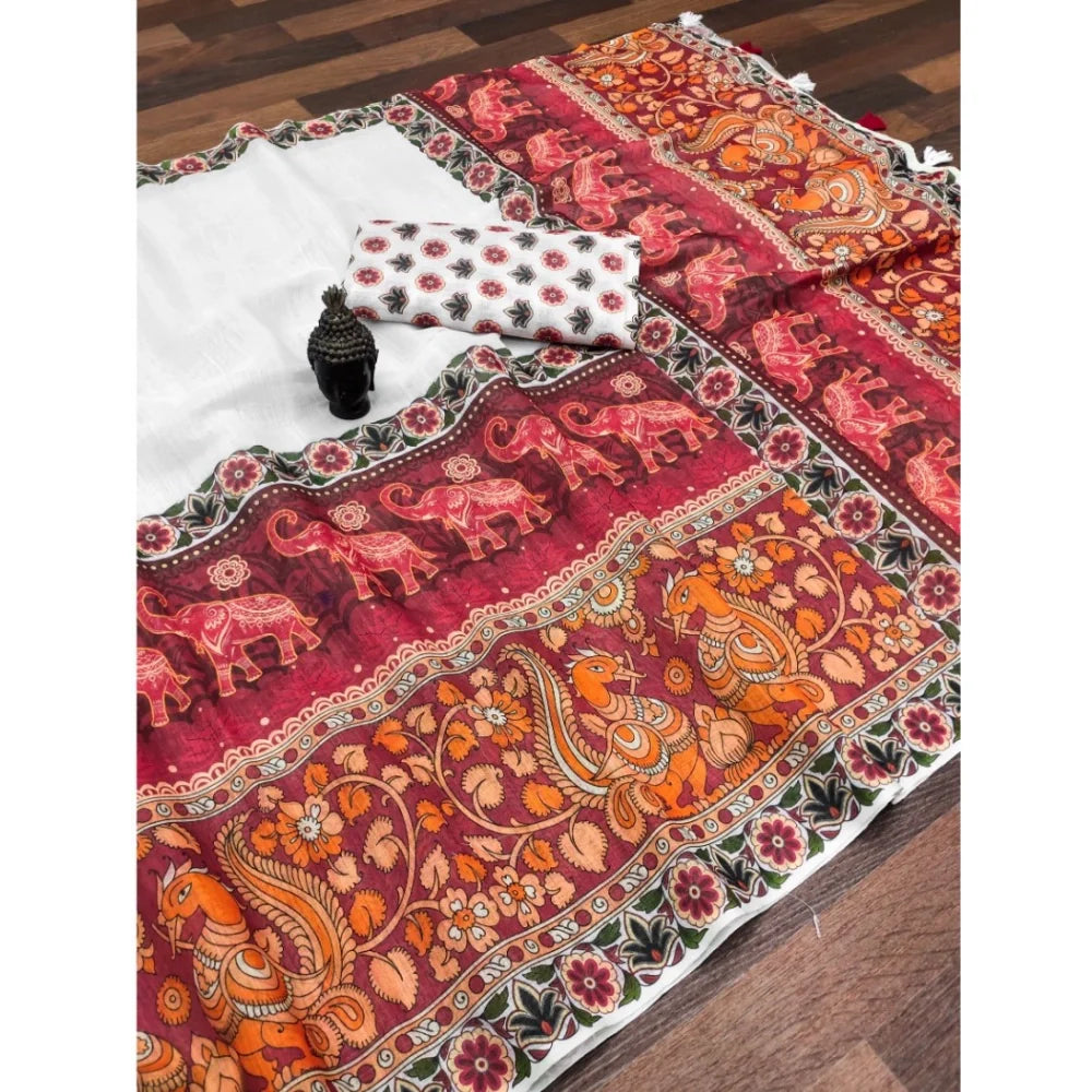 Women's linen Digital Print Saree With Unstitched Blouse 5.5Mtr (White)