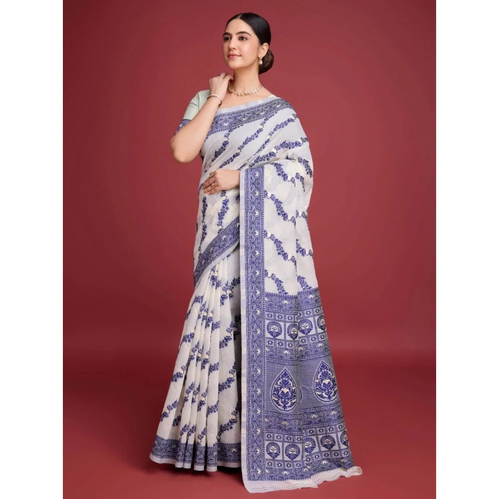 Women's Jamdani Cotton Silk Printed Saree With Unstitched Blouse 5.5Mtr (Navy Blue)