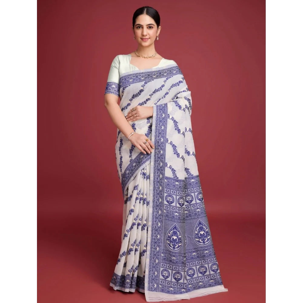 Women's Jamdani Cotton Silk Printed Saree With Unstitched Blouse 5.5Mtr (Navy Blue)