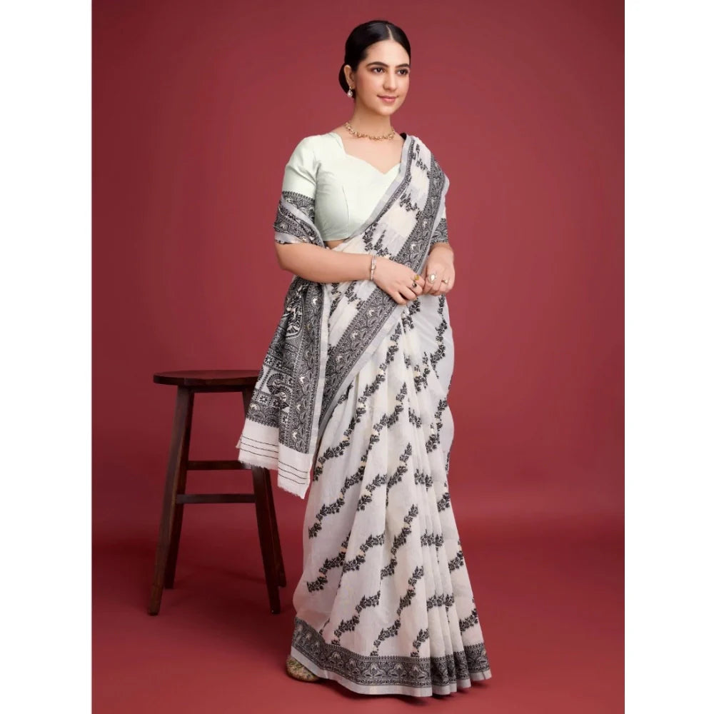 Women's Jamdani Cotton Silk Printed Saree With Unstitched Blouse 5.5Mtr (Black)